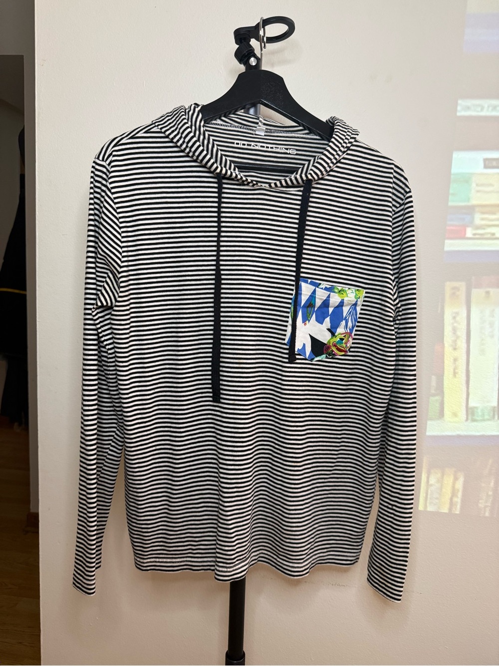 Black & White Striped Kids Hoodie with Patterned Pocket